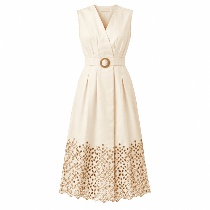 Mackenzie V Neck Belted Pocket Midi Dress - Cream