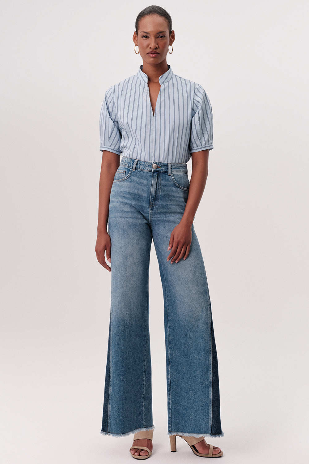High Waist Wide-Leg Denim Trousers - BLUE