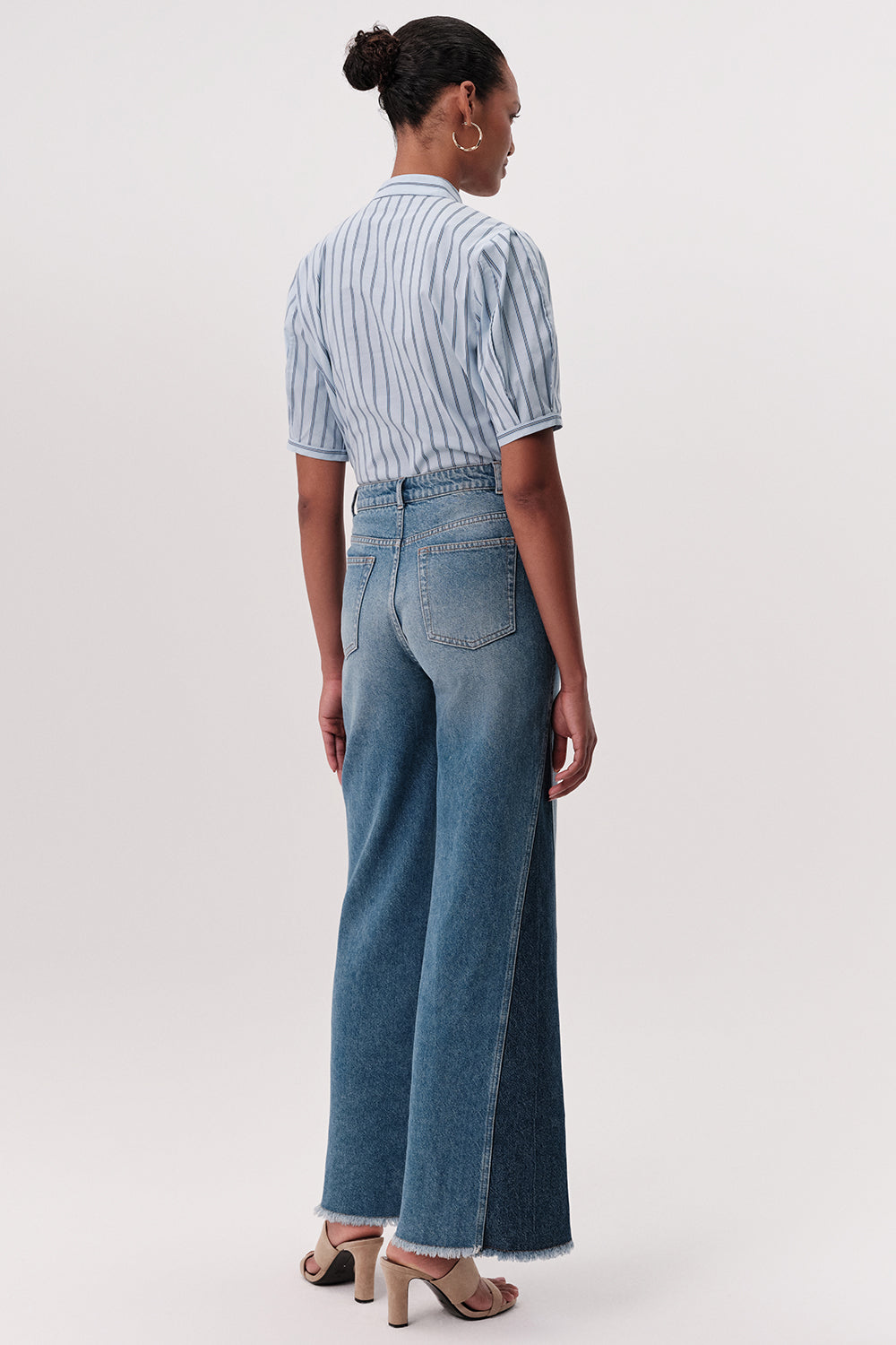 High Waist Wide-Leg Denim Trousers - BLUE