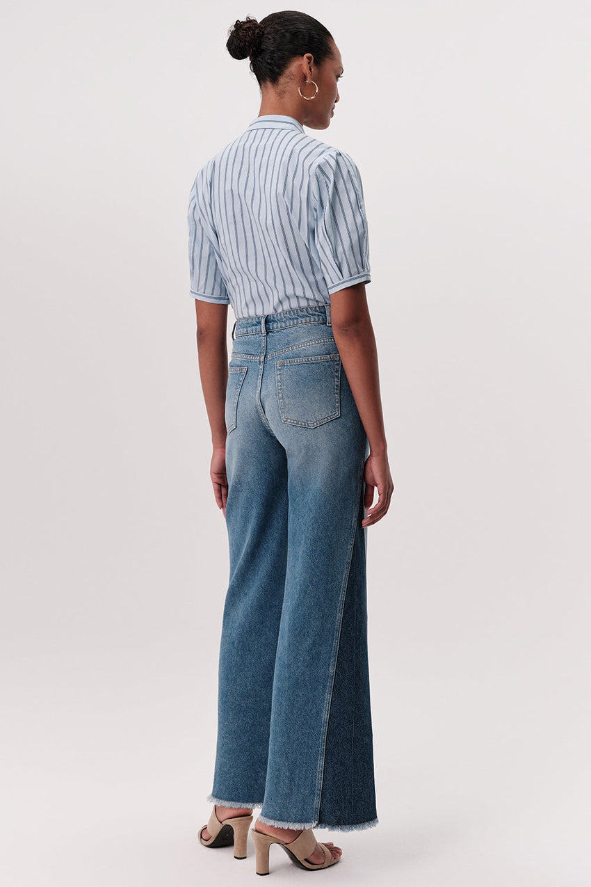 High Waist Wide-Leg Denim Trousers - BLUE