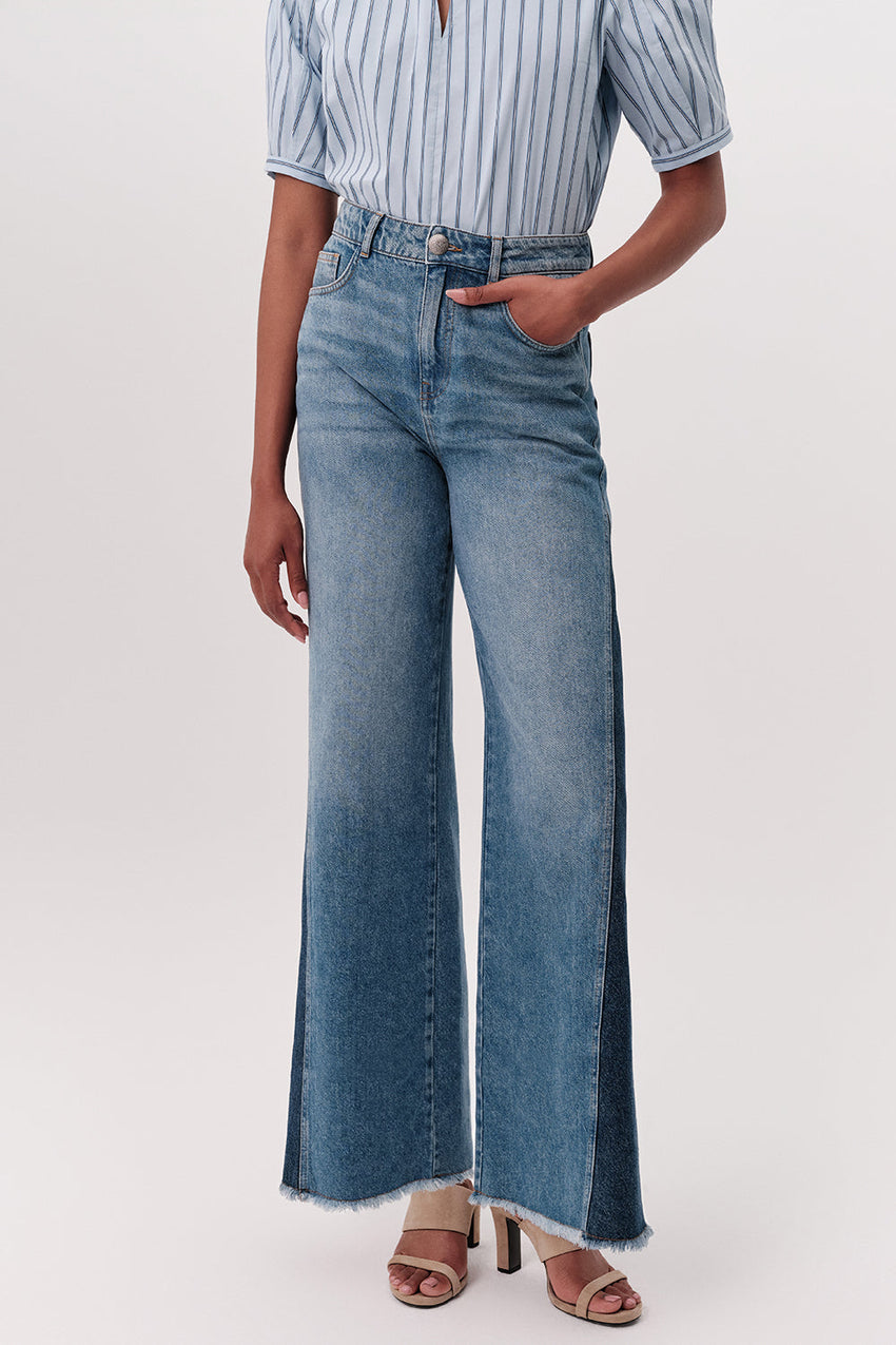 High Waist Wide-Leg Denim Trousers - BLUE