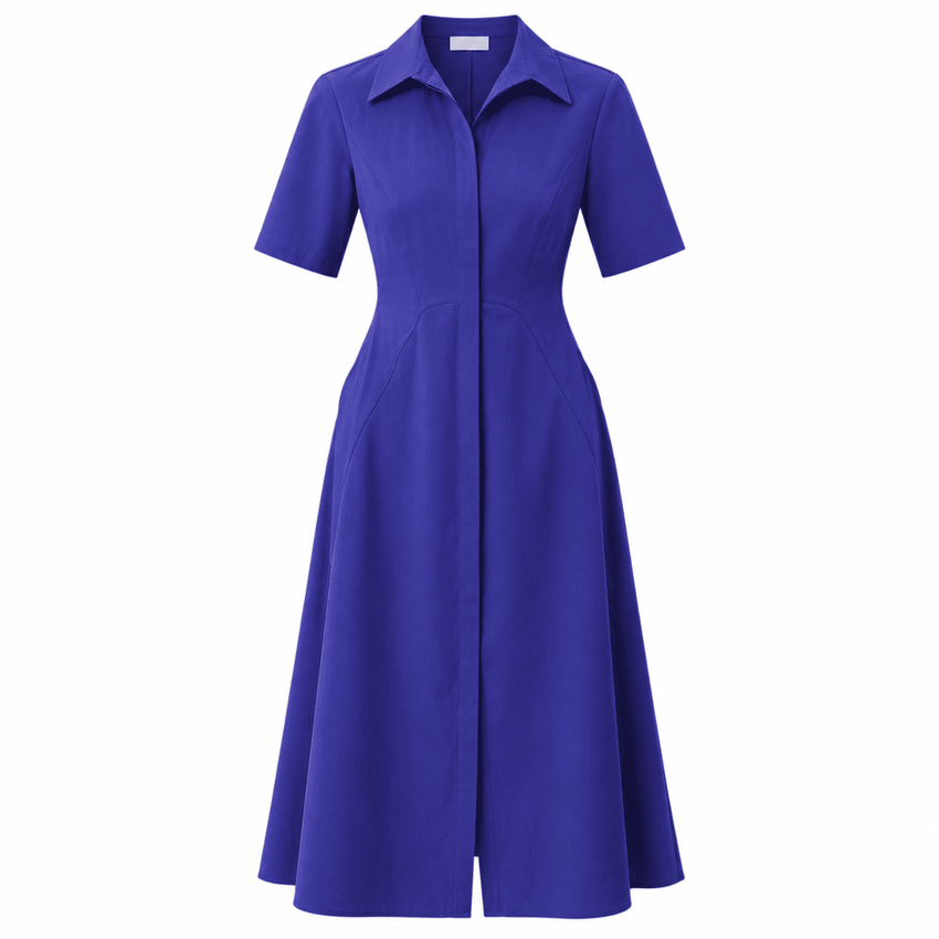 Alhertine Short Sleeve Shirt Collar Midi Dress - Sax