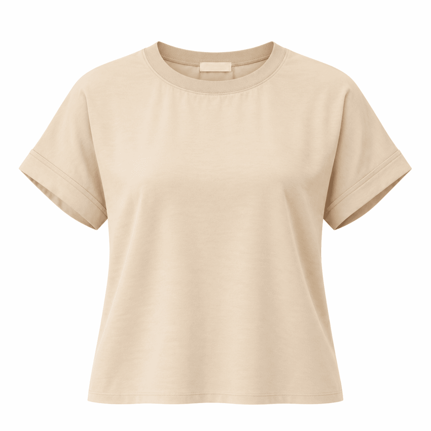 Round Neck Ribbed Satin Blouse - BEIGE