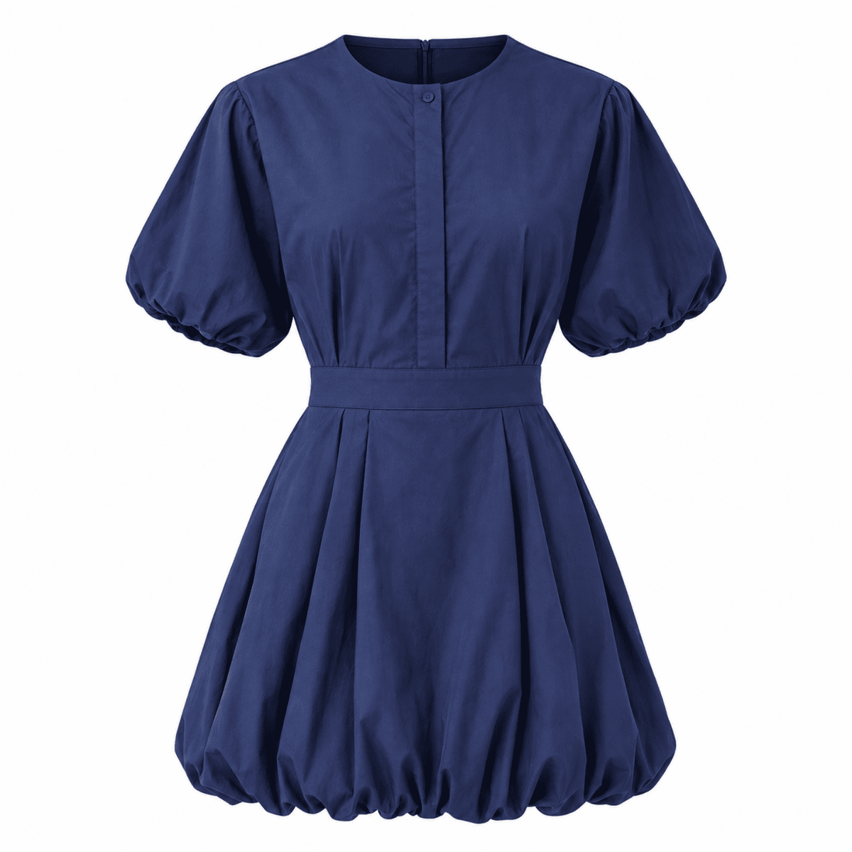 Balloon Sleeve Lined Mini Dress with Elastic Waist - BLUE