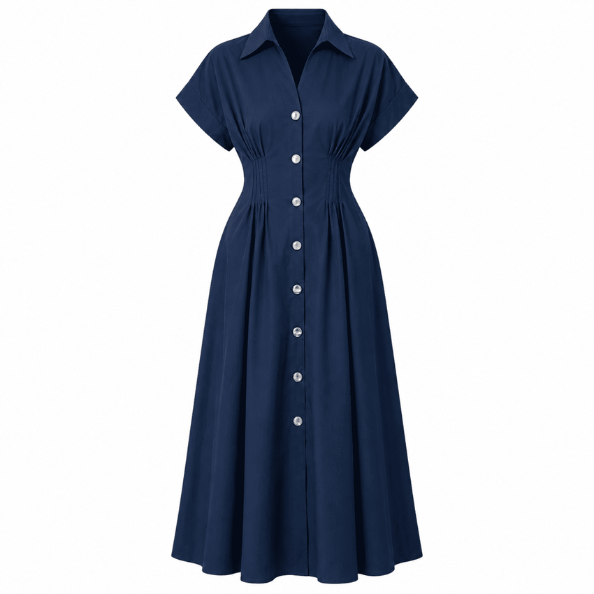 Reilly Shirt Collar Elastic Waist Midi Dress - Navy