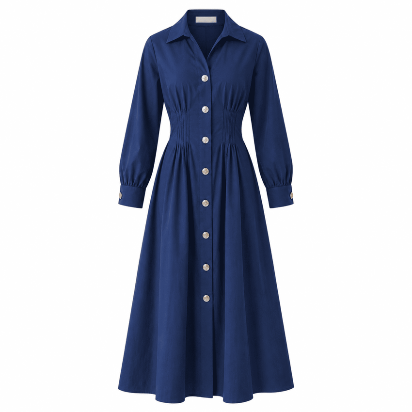Delray Long Sleeve Buttoned Midi Dress - Navy Blue