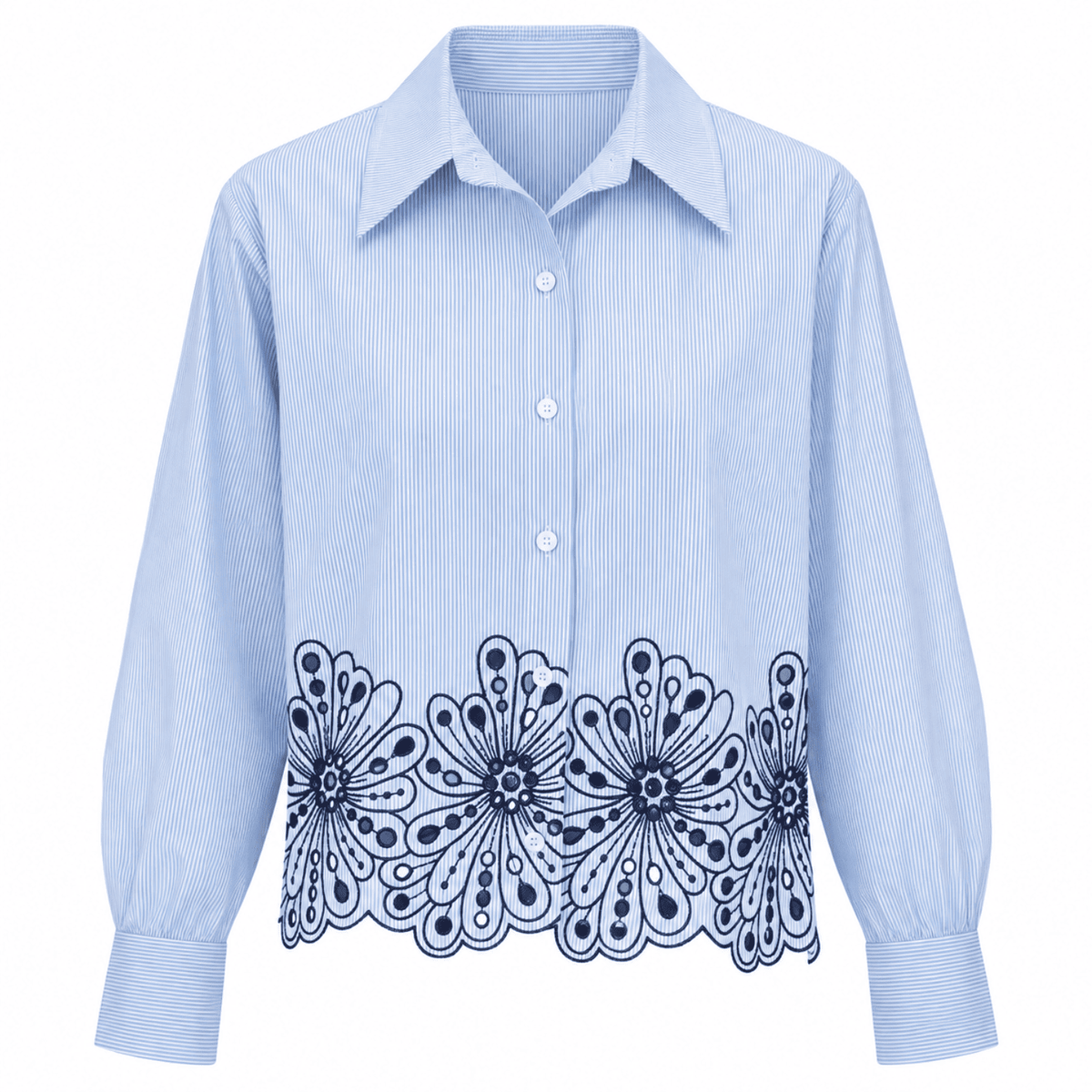 Apollina  Long Sleeve Embroidered Crop Shirt- Blue