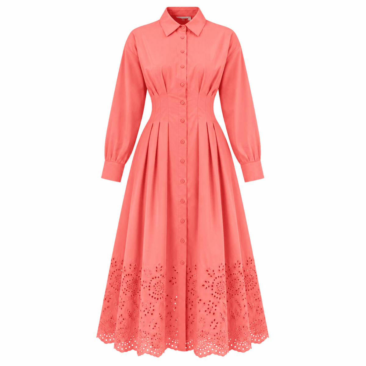 Faun Shirt Collar Long Sleeve Embroidered Midi Dress - Pink