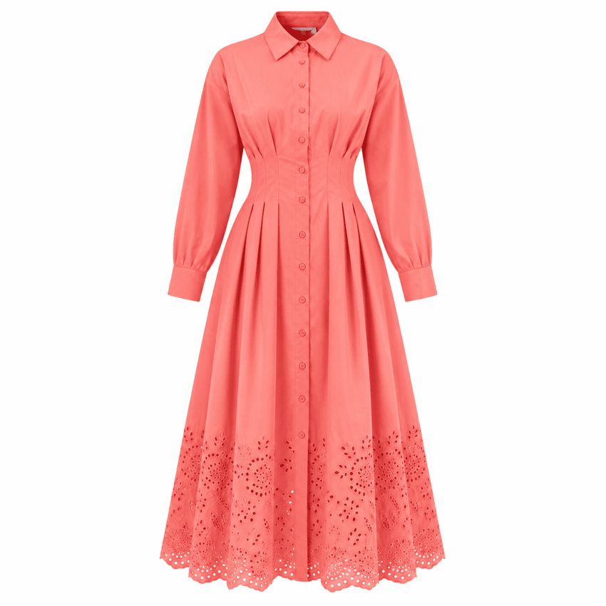Faun Shirt Collar Long Sleeve Embroidered Midi Dress - Pink