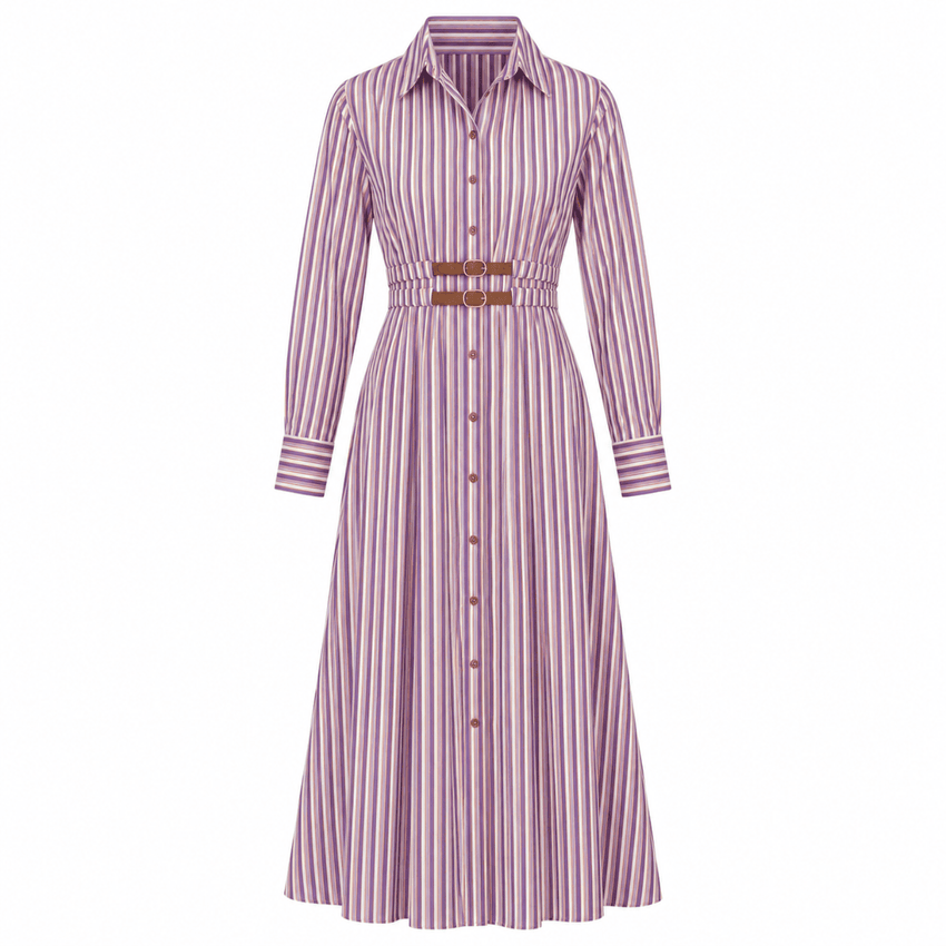 Marlene Belted Shirt Collar Midi Dress - Multi Color