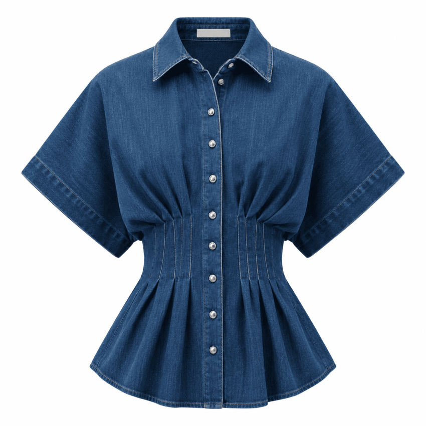 Marisa Collared Short Sleeve Denim Shirt - Blue