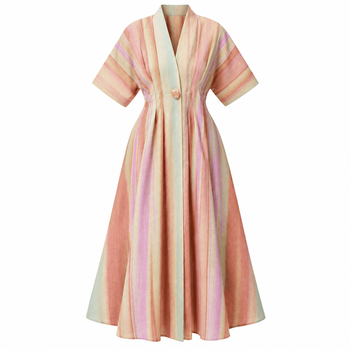 Angilia V-Neck Linen Blend Midi Dress- Multi Color