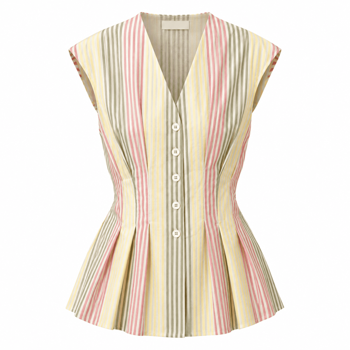 Biana V Neck Sleeveless Pleated Waist Shirt - Multi Color