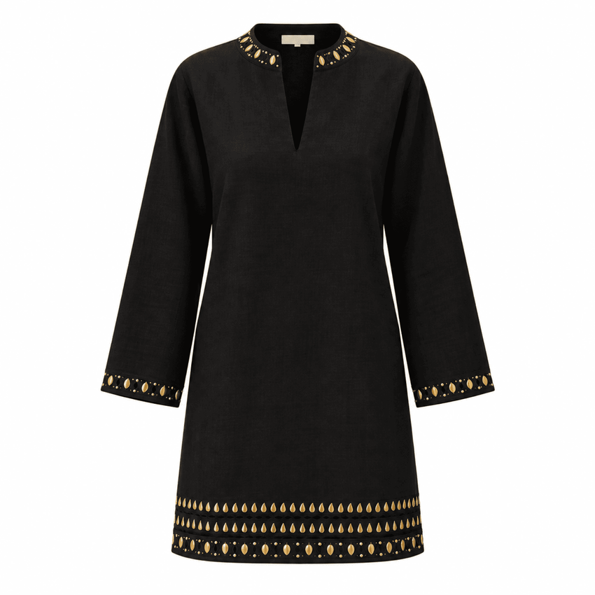 Bernice Tie Neck Long Sleeve Linen Mini Dress - Black