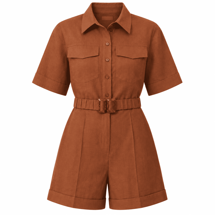 Carole Shirt Collar Belted Linen Jumpsuit  - Tan