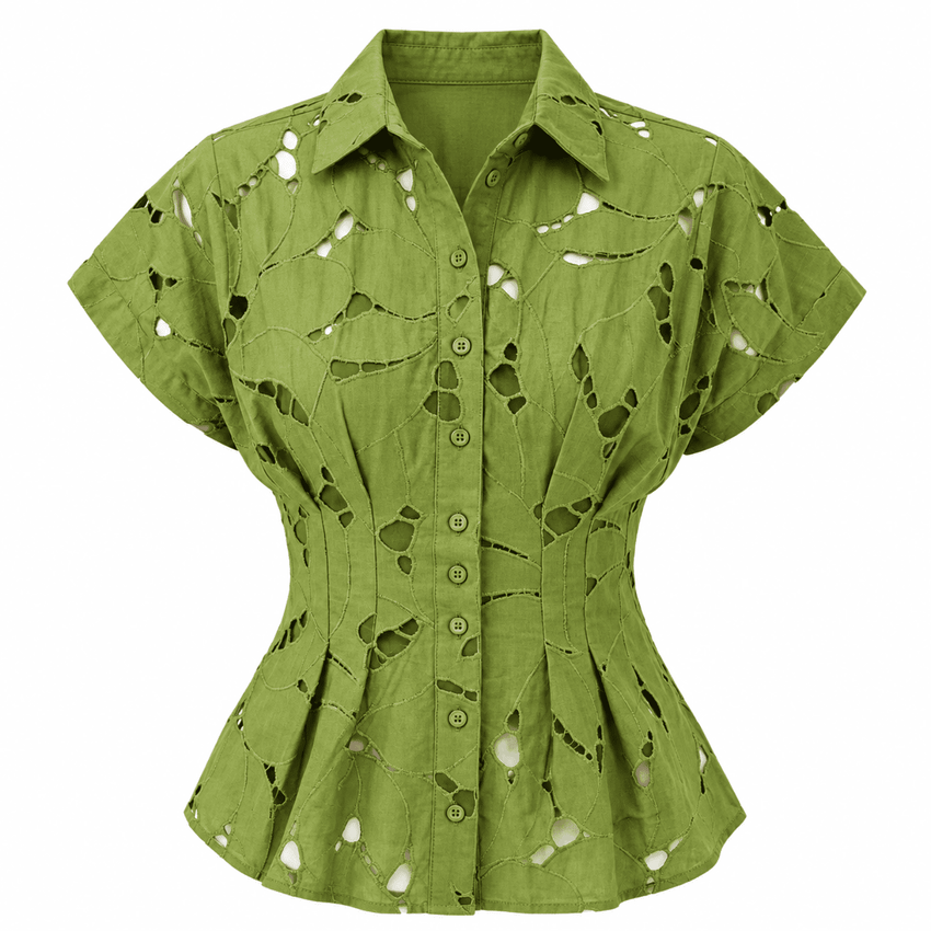Adalene Shirt Collar Short Sleeve Eyelet Shirt- Green