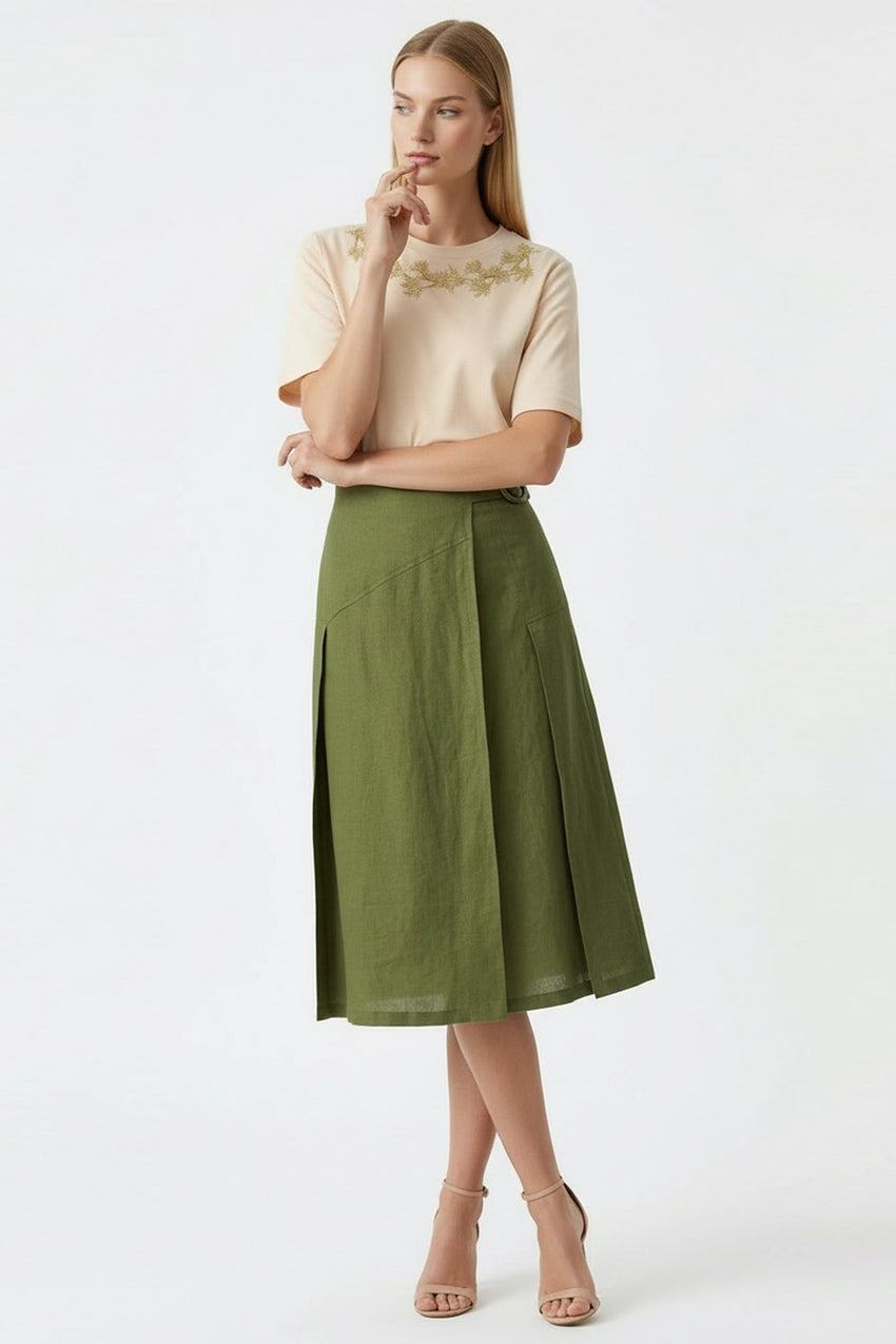 Linen Midi Skirt  - KHAKI