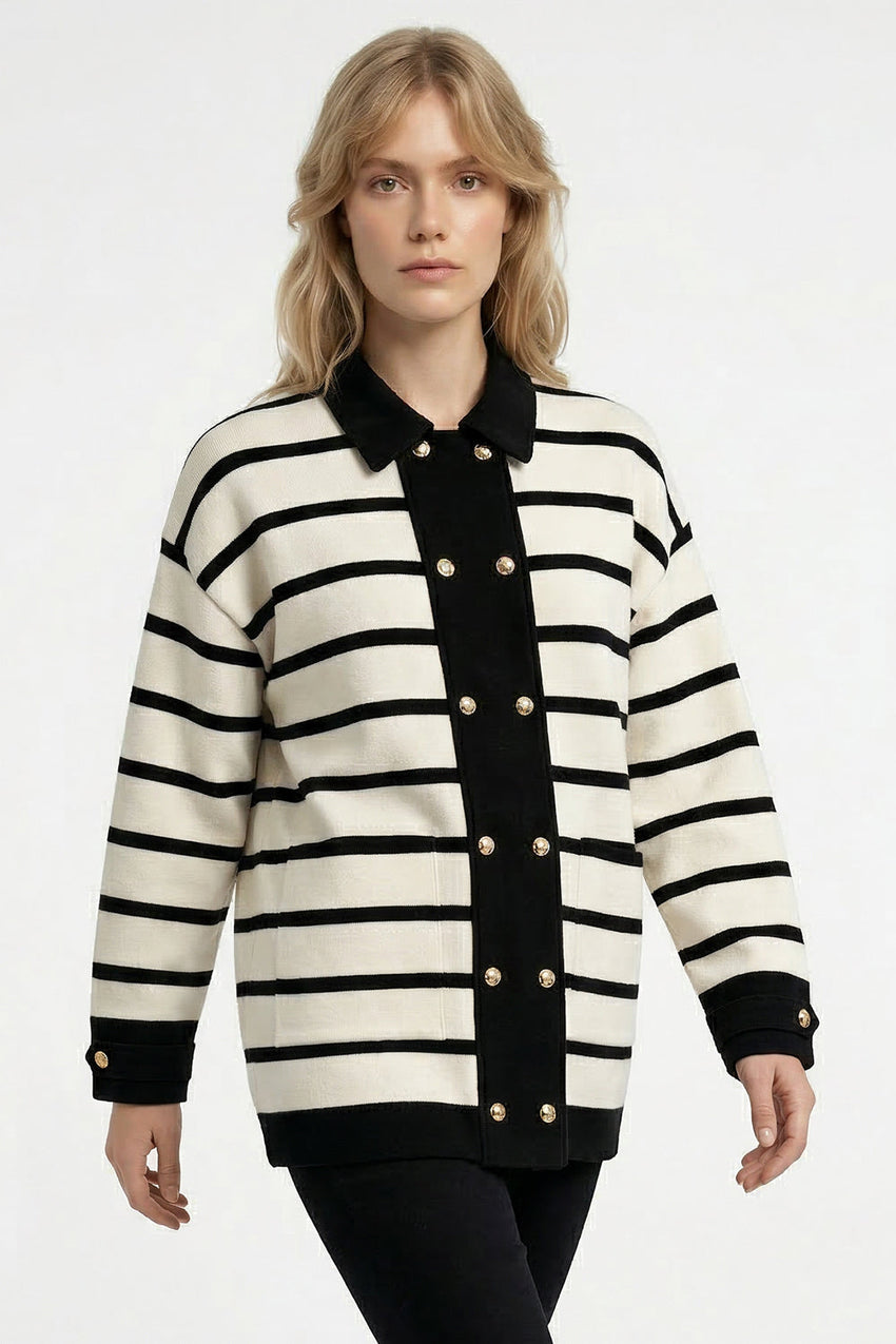 Long Sleeve Knit Cardigan - DARK BLUE WHITE