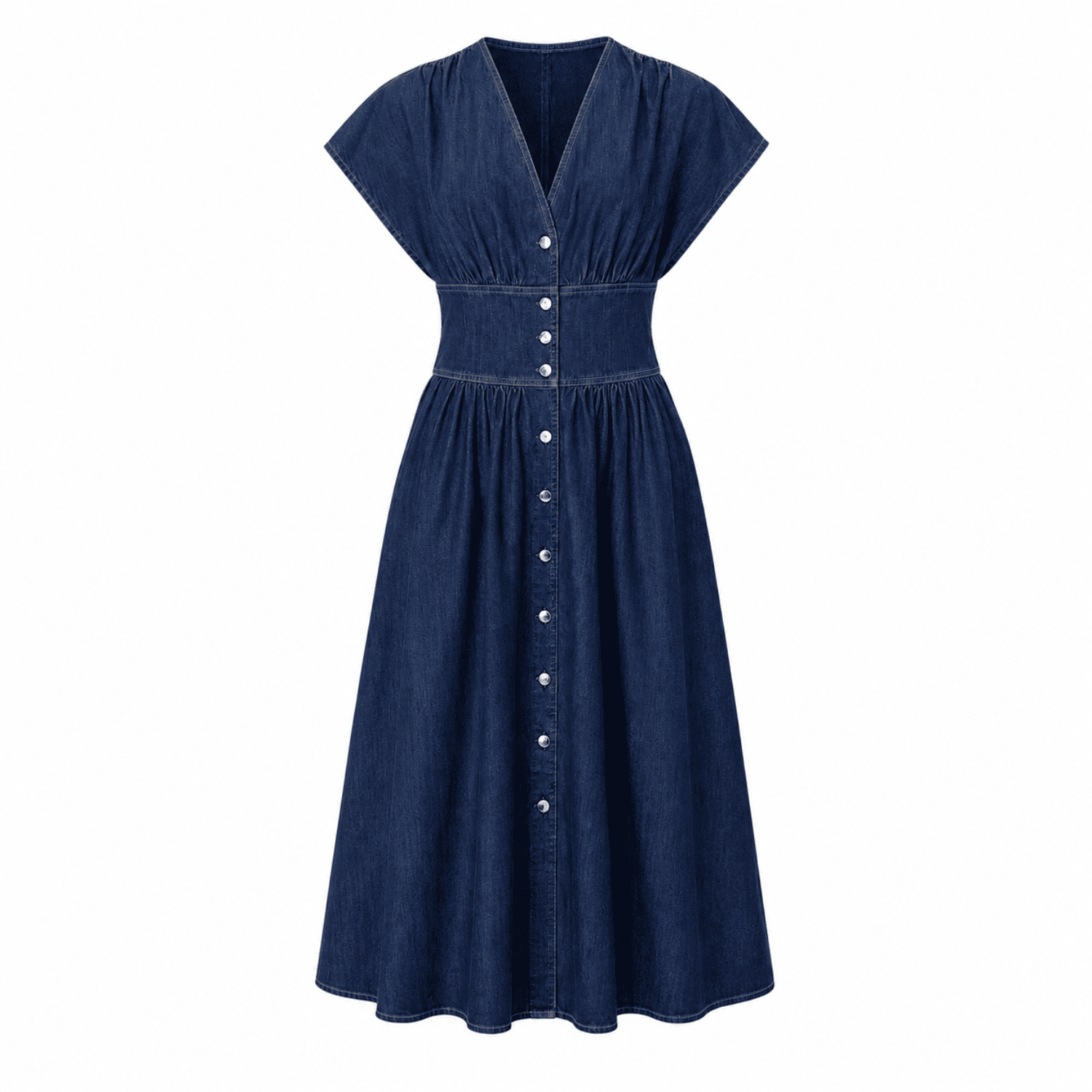 Evan Dropped Short Sleeve Fitted Midi Denim Dress - Navy