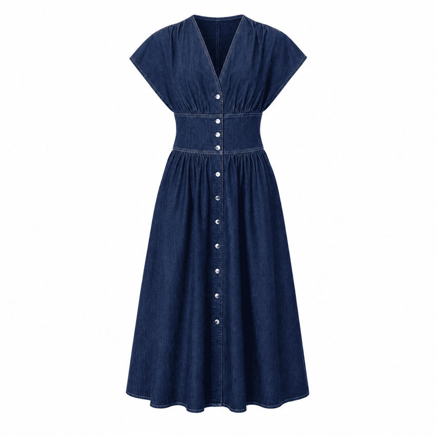 Evan Dropped Short Sleeve Fitted Midi Denim Dress - Navy