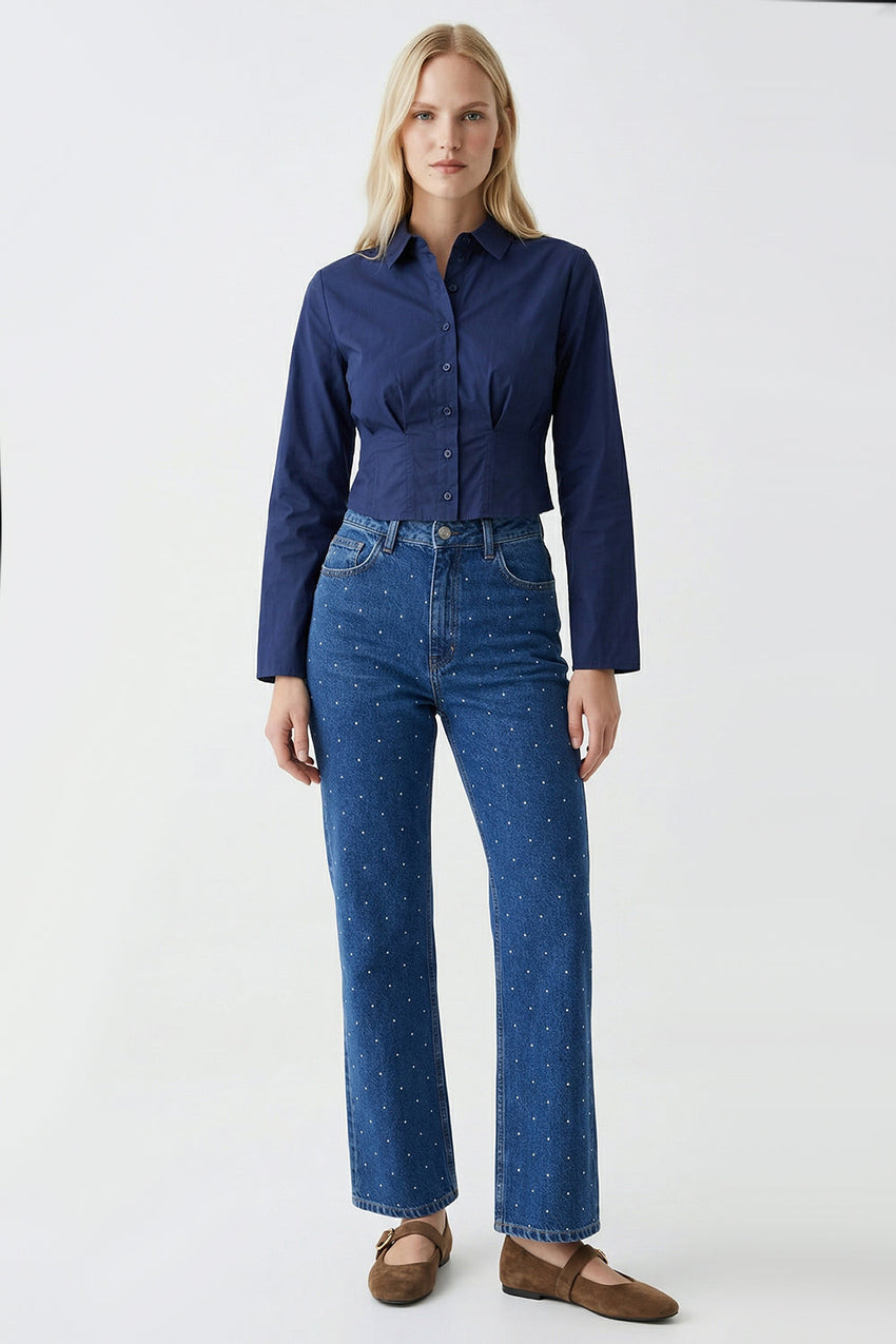 High Waisted Wide Leg Denim Jeans - INDIGO