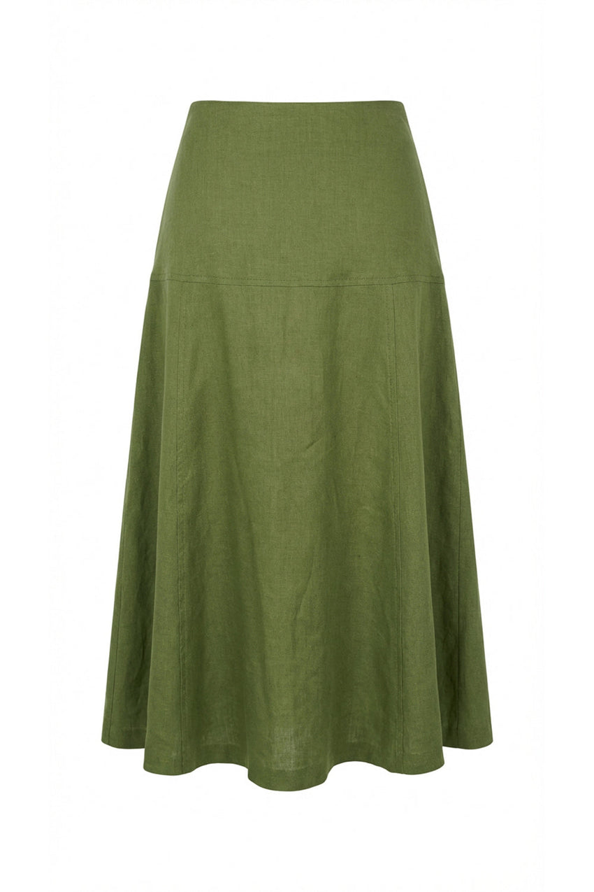 Linen Midi Skirt  - KHAKI
