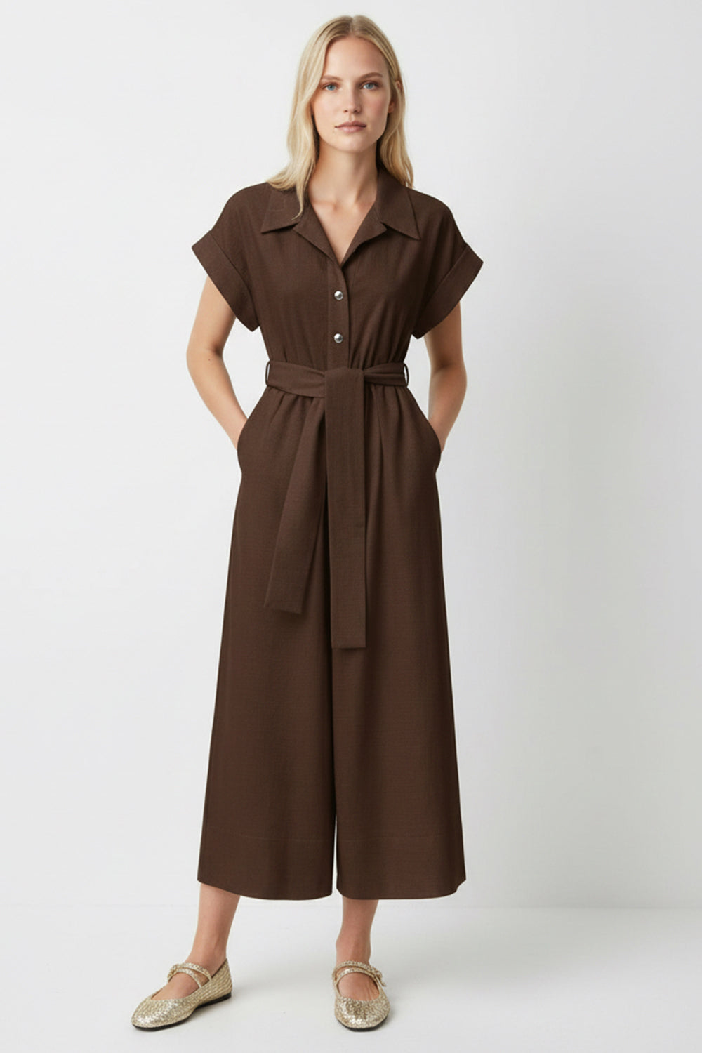 Shirt Collar Short Sleeve Pocket Belted Midi Jumpsuit - BROWN
