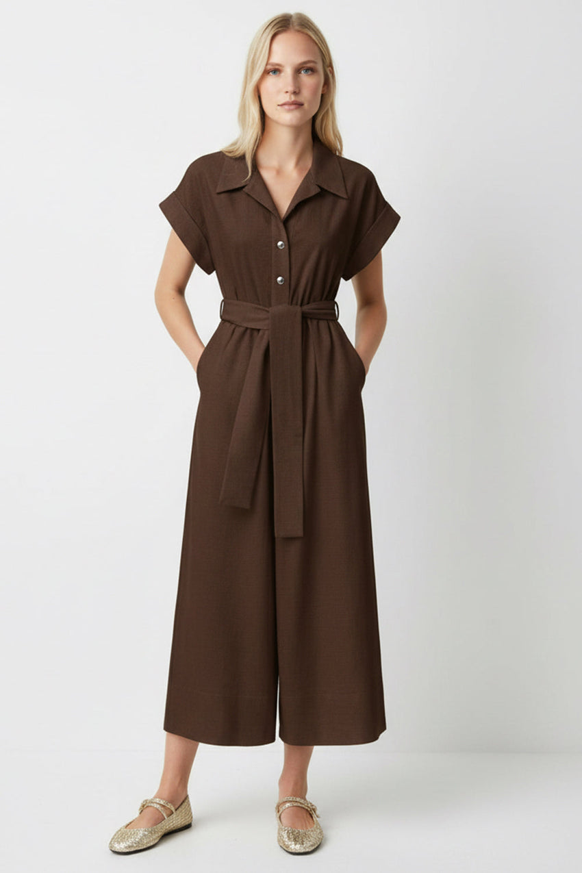 Shirt Collar Short Sleeve Pocket Belted Midi Jumpsuit - BROWN