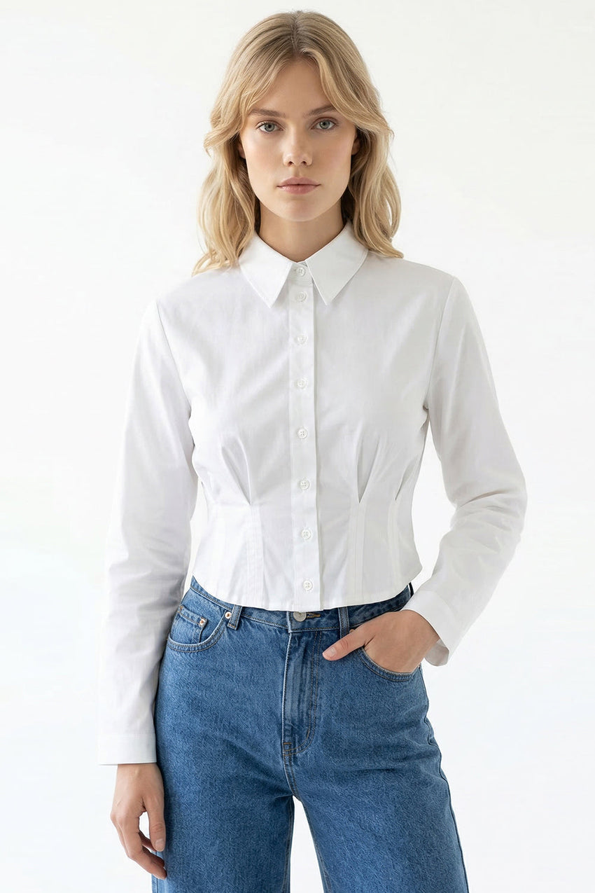Long Sleeve Crop Shirt - WHITE
