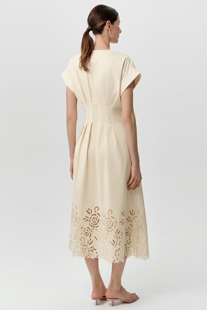 V Neck Short Sleeve Buttoned Midi Dress - BONE