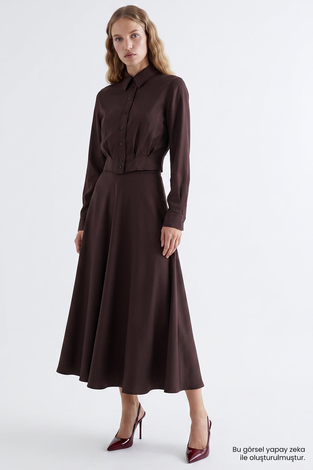 High Waisted Lined Satin Skirt - BROWN
