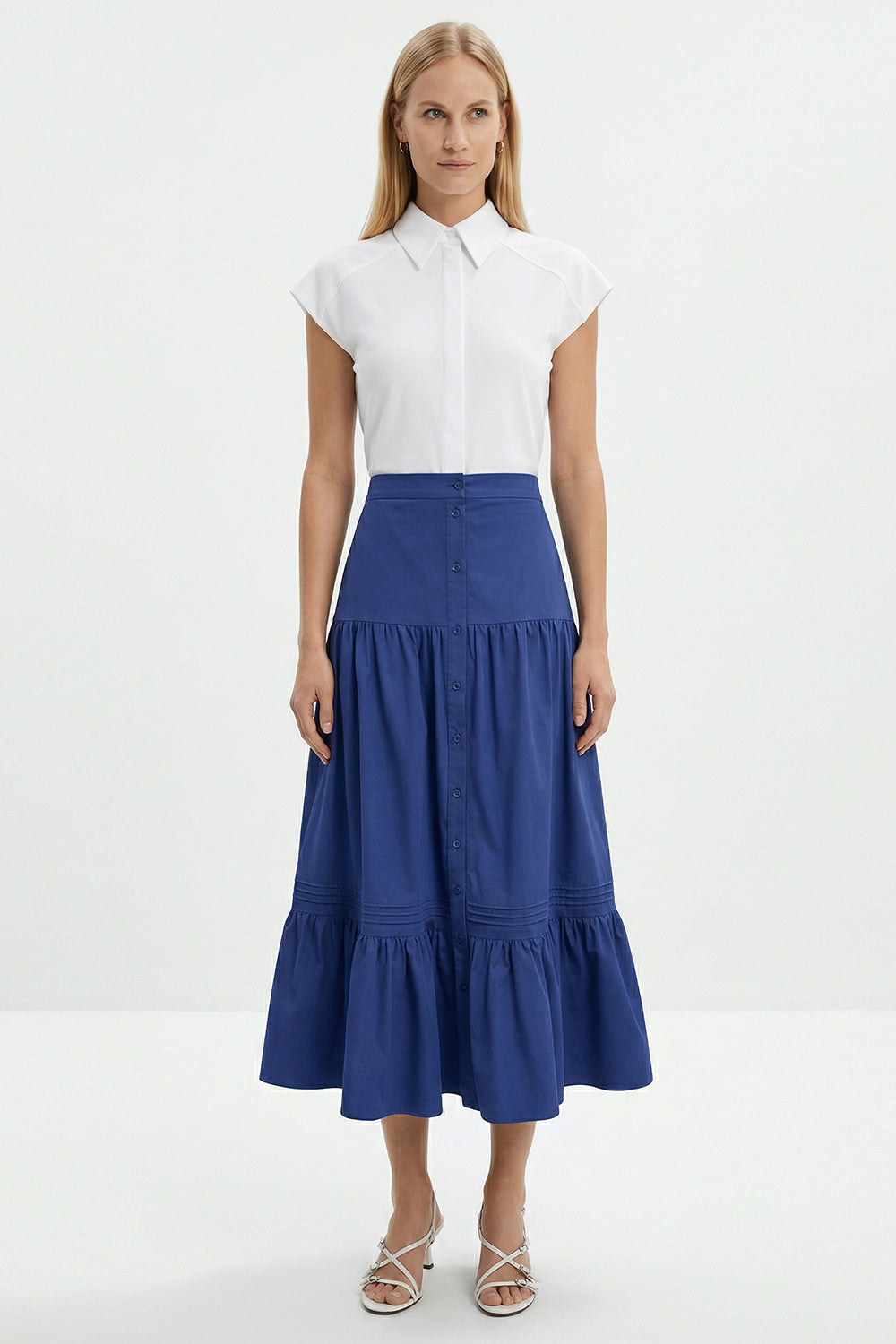 Elastic Waist Buttoned High Waist Midi Skirt - NAVY BLUE
