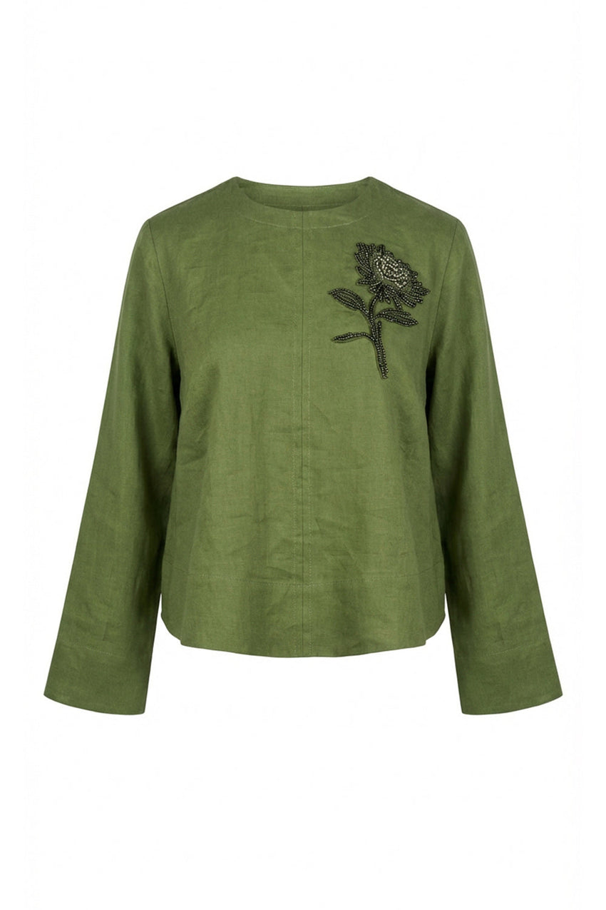 Fifine Long Sleeve Linen Blouse - KHAKI