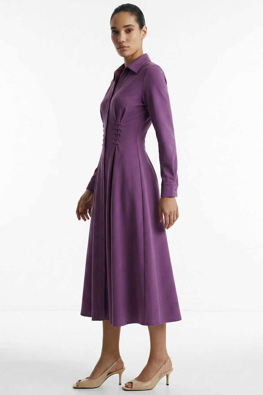 Eyelet Detail Pocket Shirt Collar Midi Dress - LILA