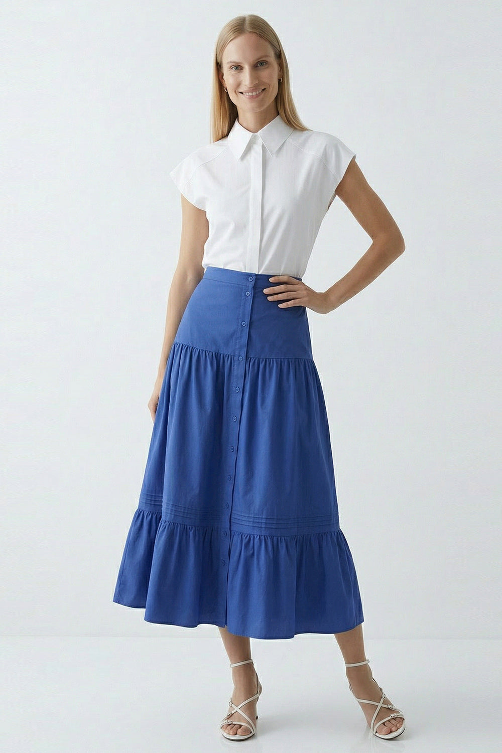 Elastic Waist Buttoned High Waist Midi Skirt - NAVY BLUE