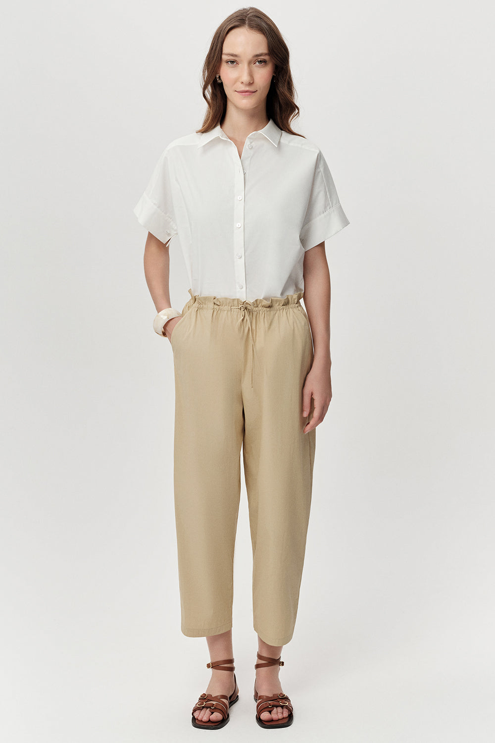 Tapered Woven Trousers - BEIGE