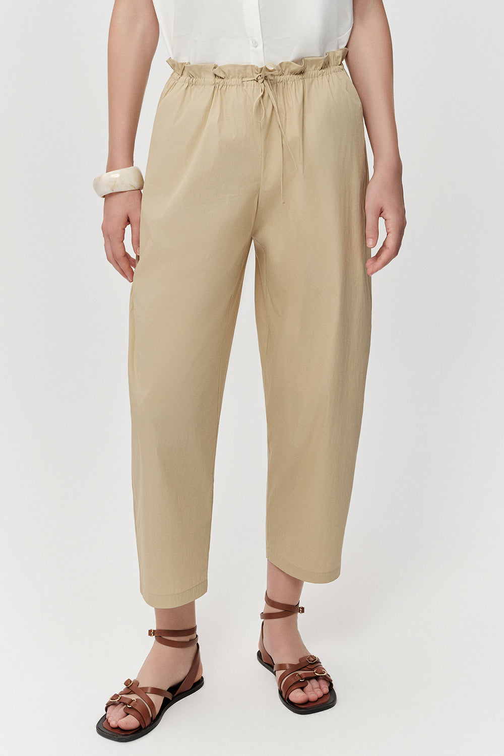 Tapered Woven Trousers - BEIGE