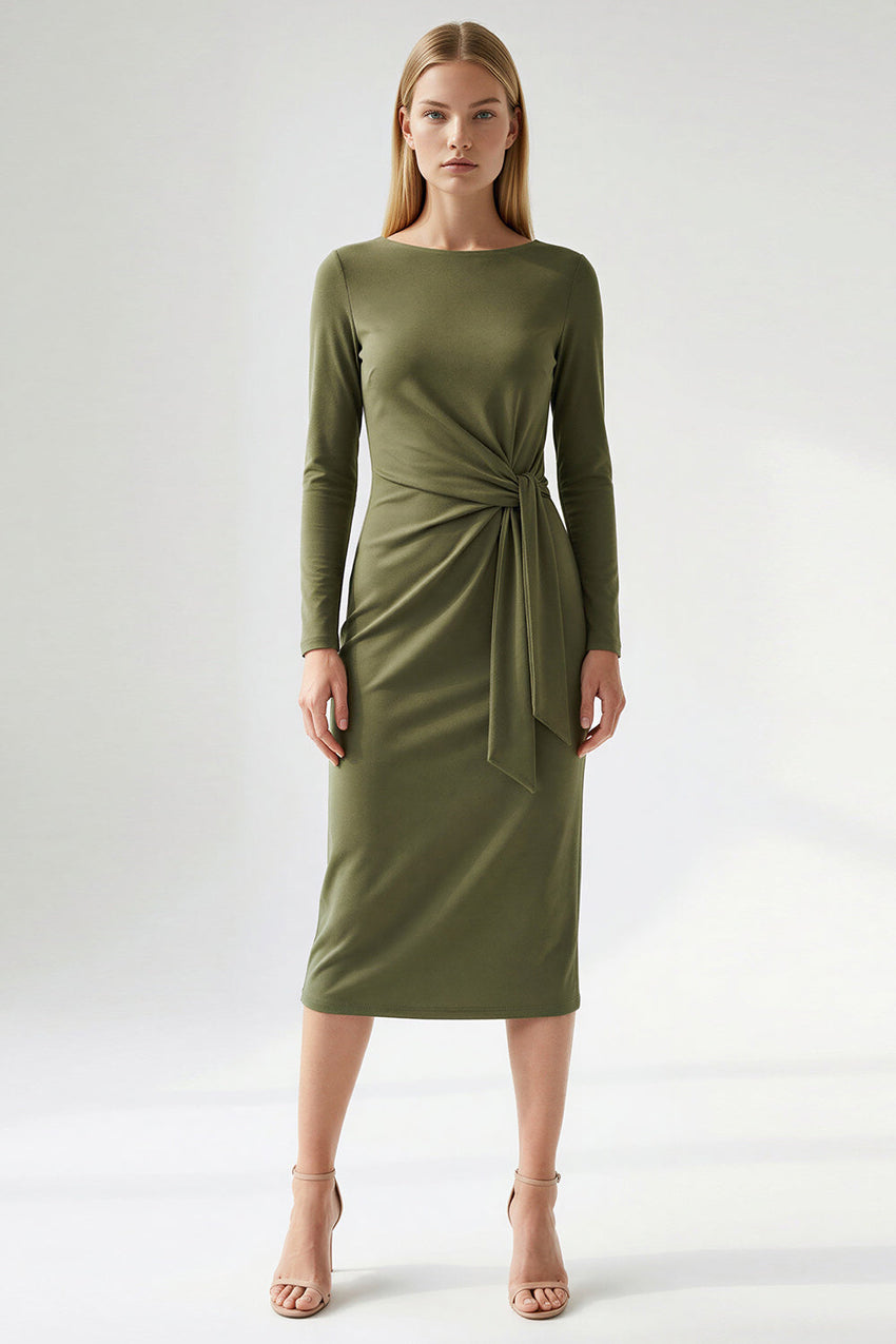 Crew Neck Knit Dress - KHAKI