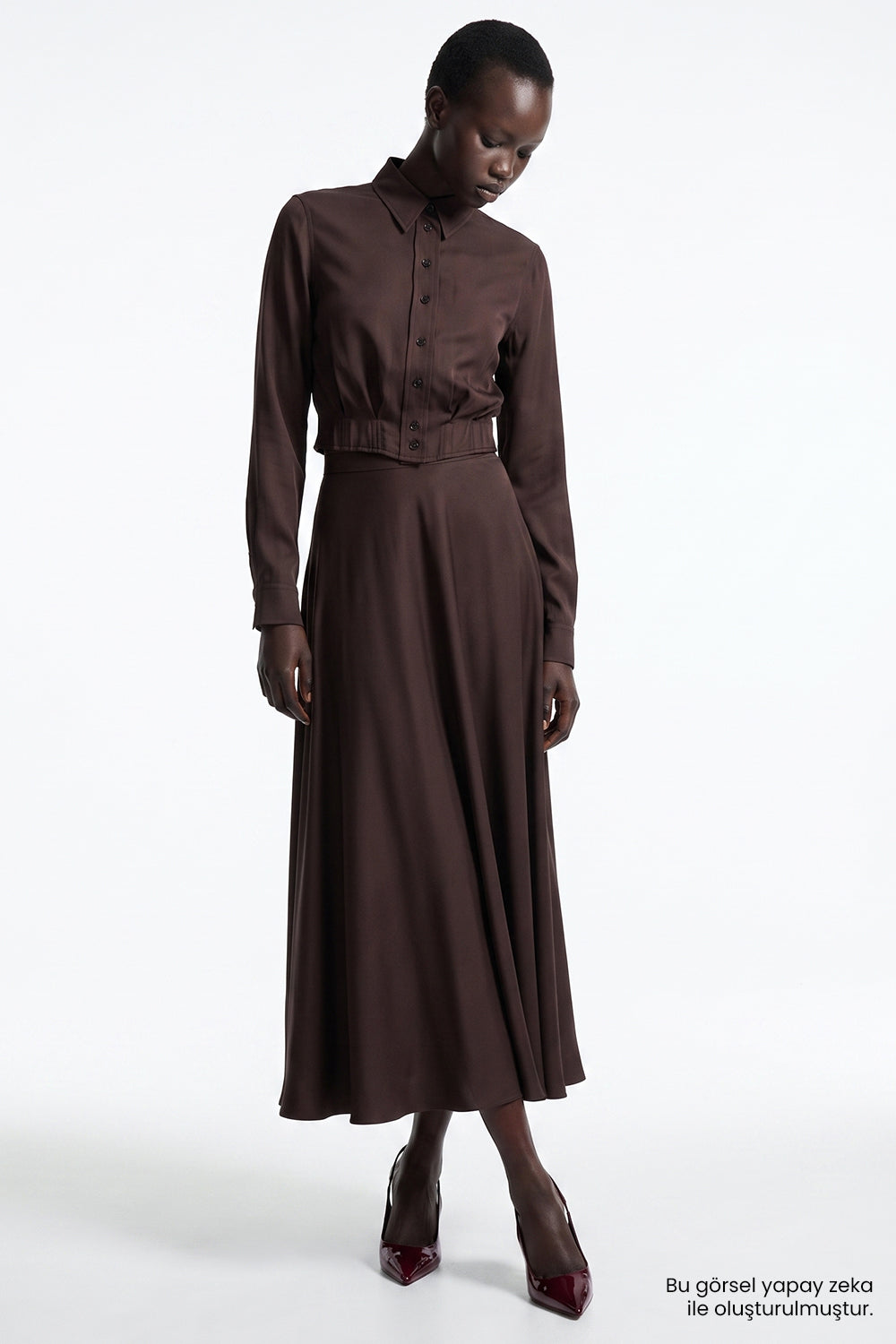 High Waisted Lined Satin Skirt - BROWN