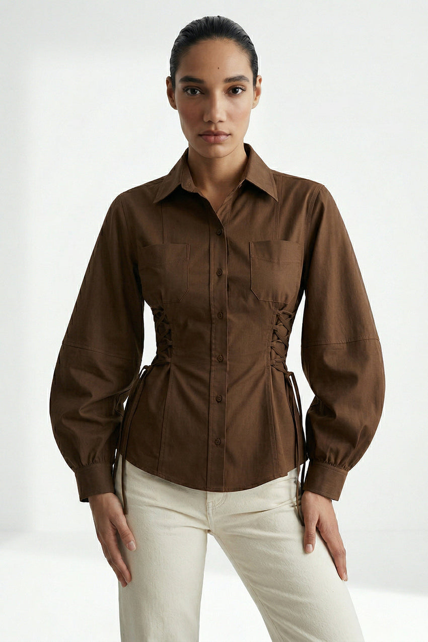 Arcene Balloon Sleeve Shirt - BROWN