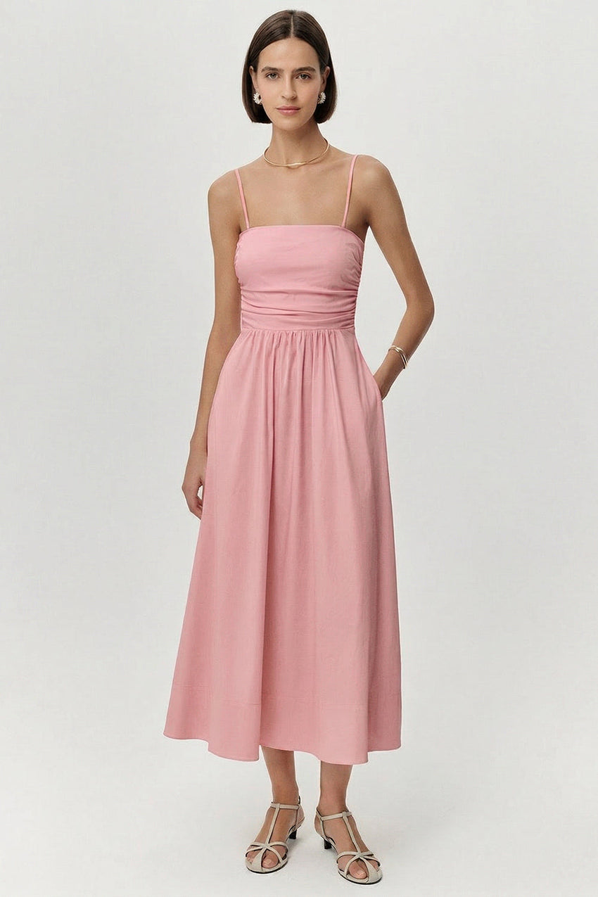 Spaghetti Strap Elastic Waist Pocket Midi Dress - PINK