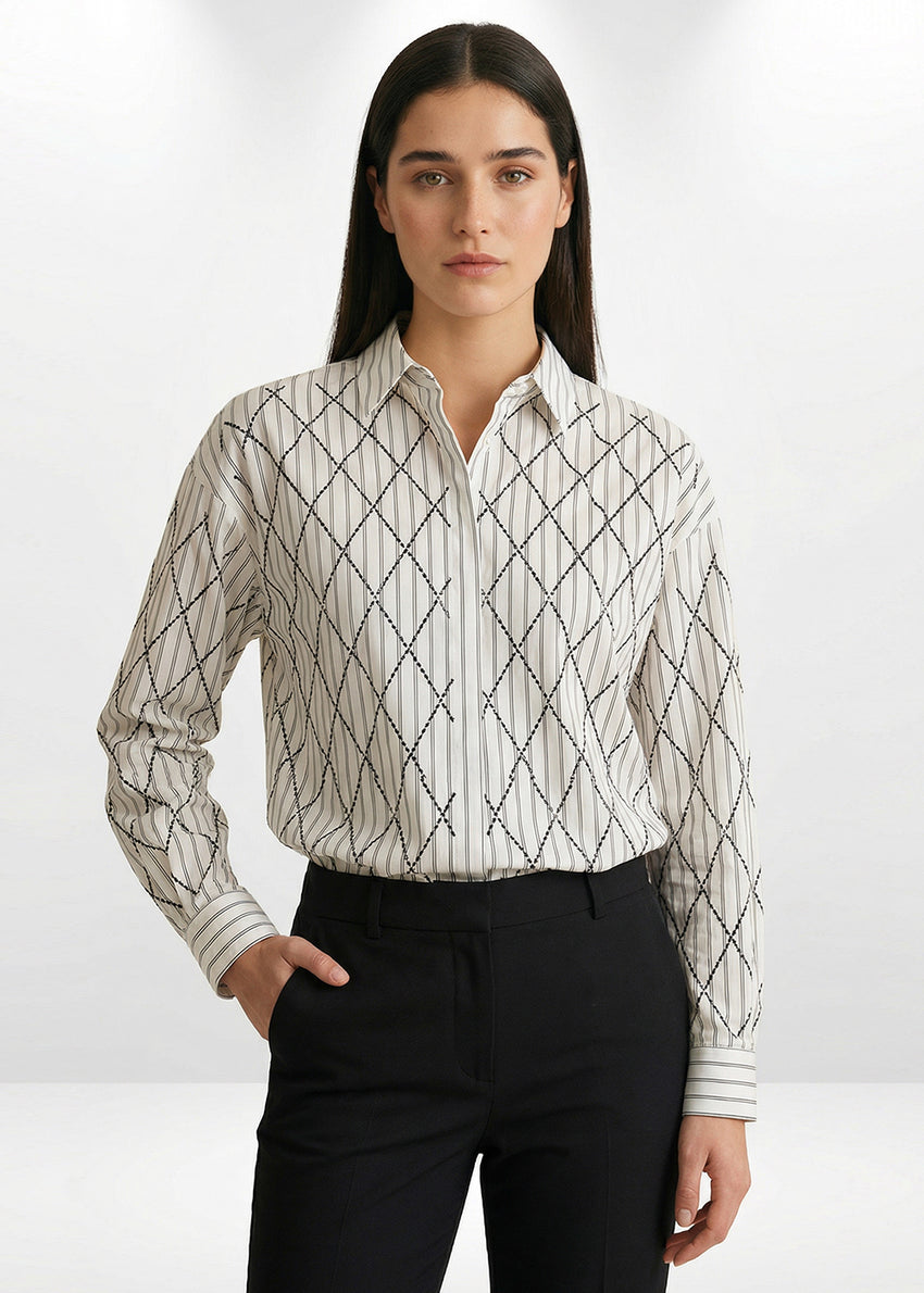 Long Sleeve Regular Woven Shirt with Geometric Embroidery Details