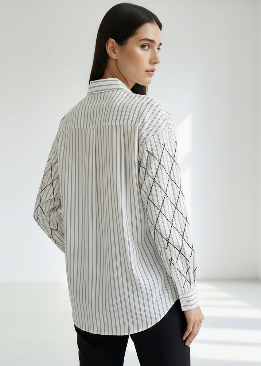 Long Sleeve Regular Woven Shirt with Geometric Embroidery Details