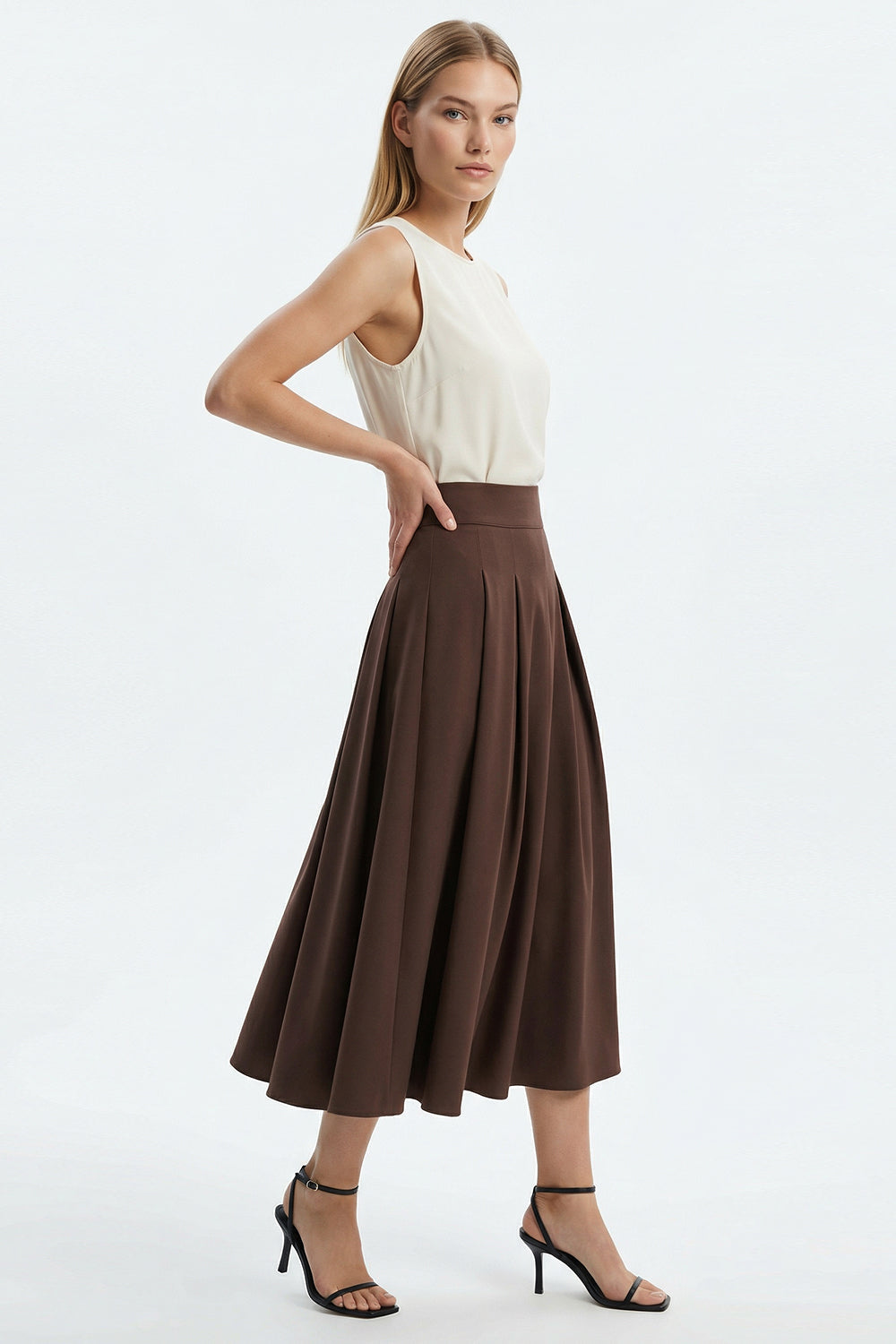Pleated Midi Skirt -BROWN