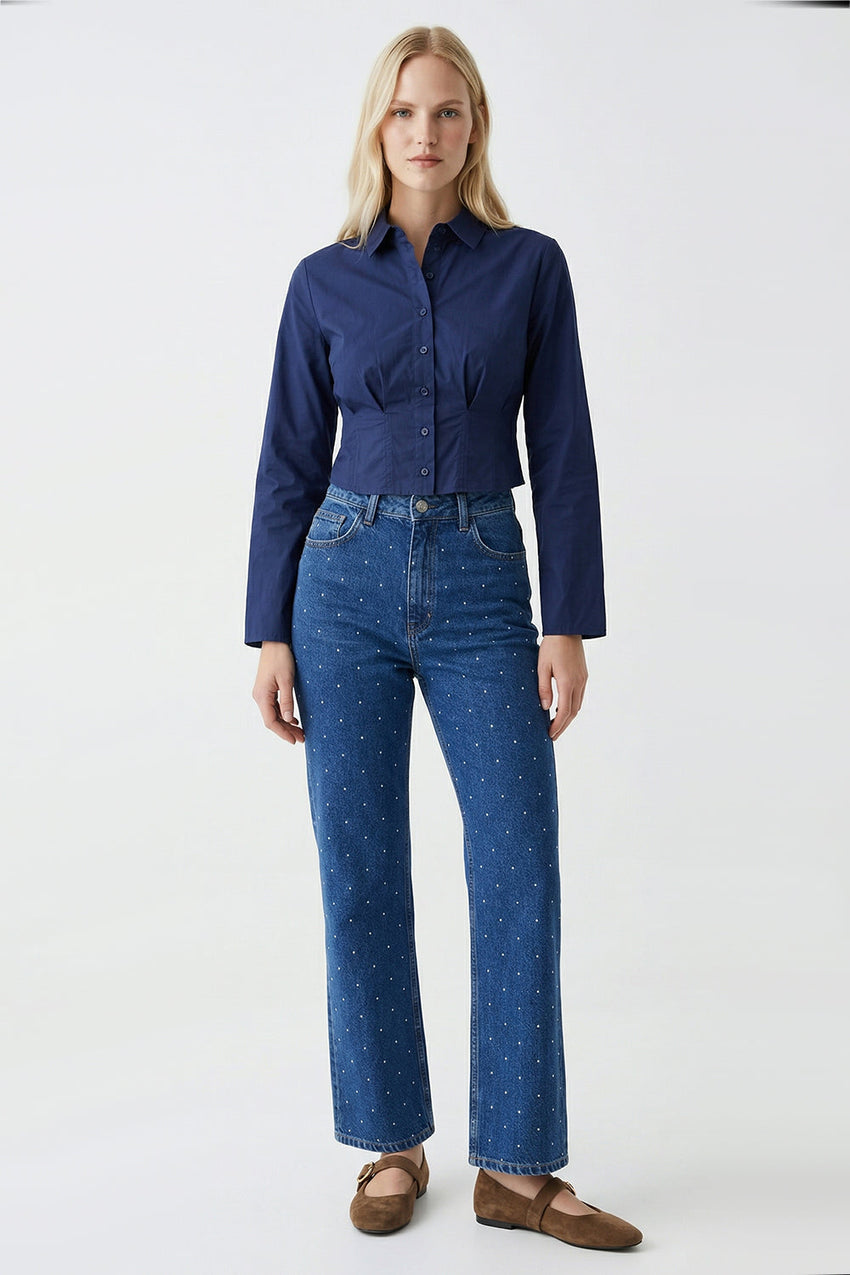 High Waisted Wide Leg Denim Jeans - INDIGO