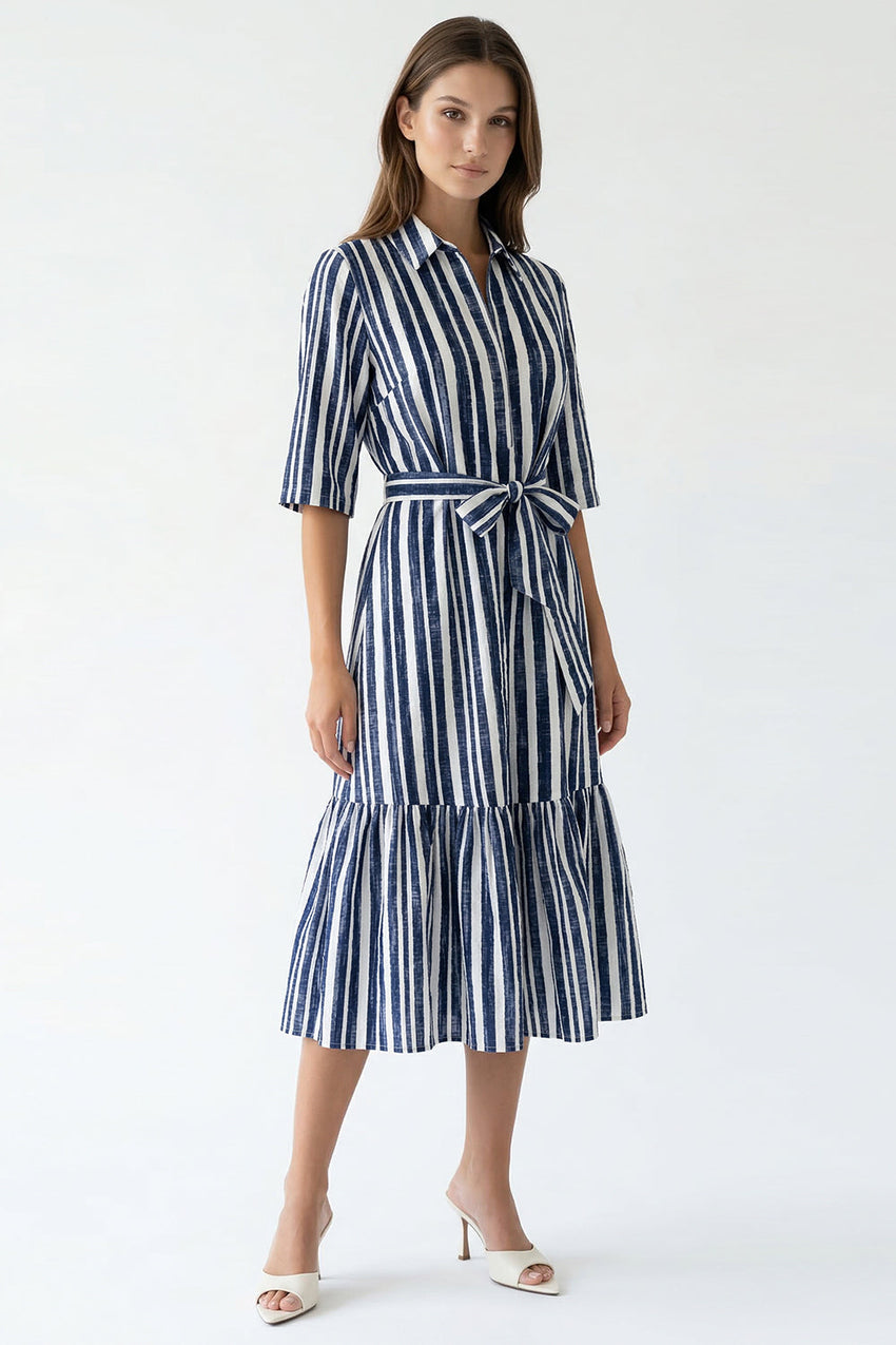 Shirt Collar Short Sleeve Belted Midi Dress - ROYAL BLUE-BONE