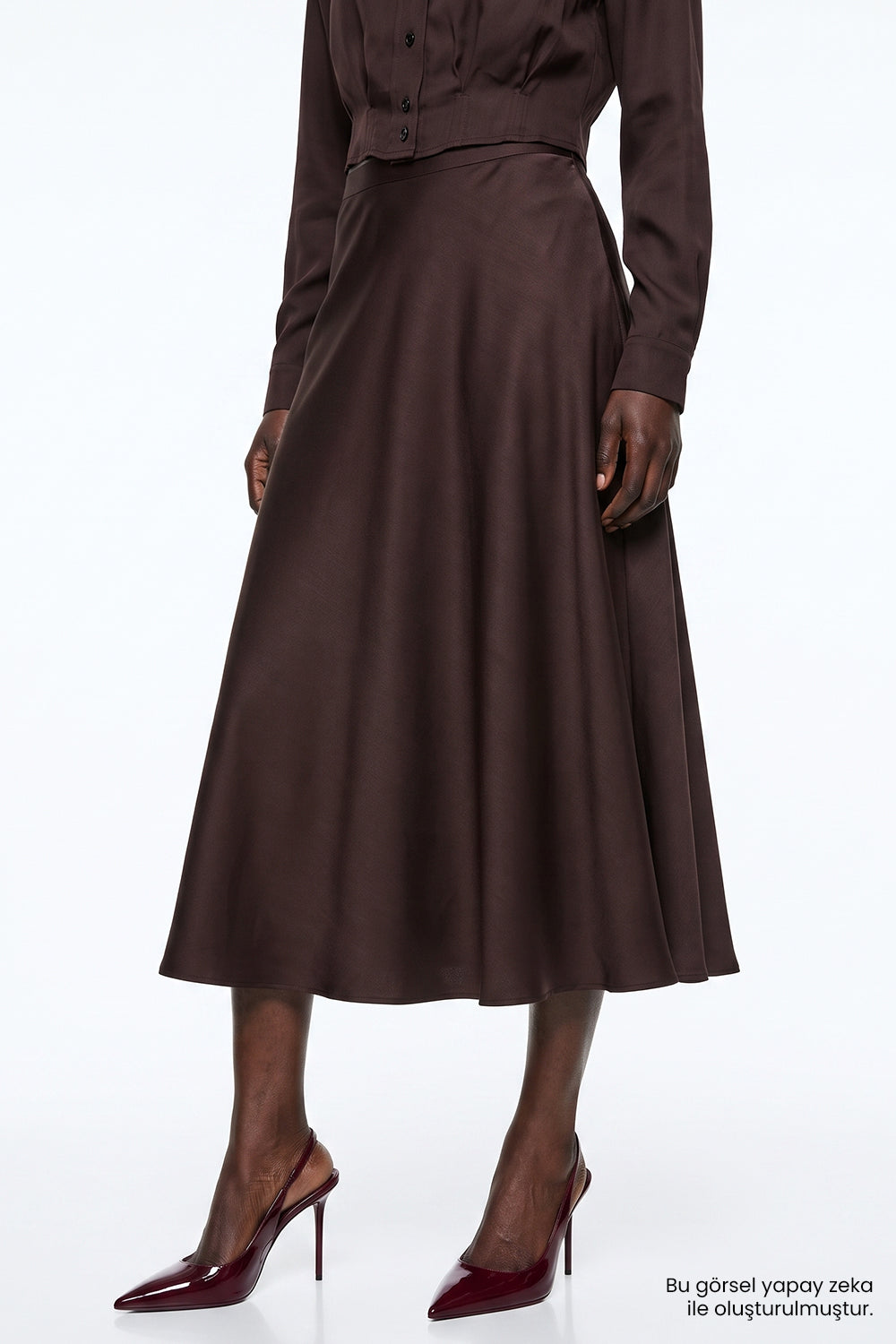 High Waisted Lined Satin Skirt - BROWN