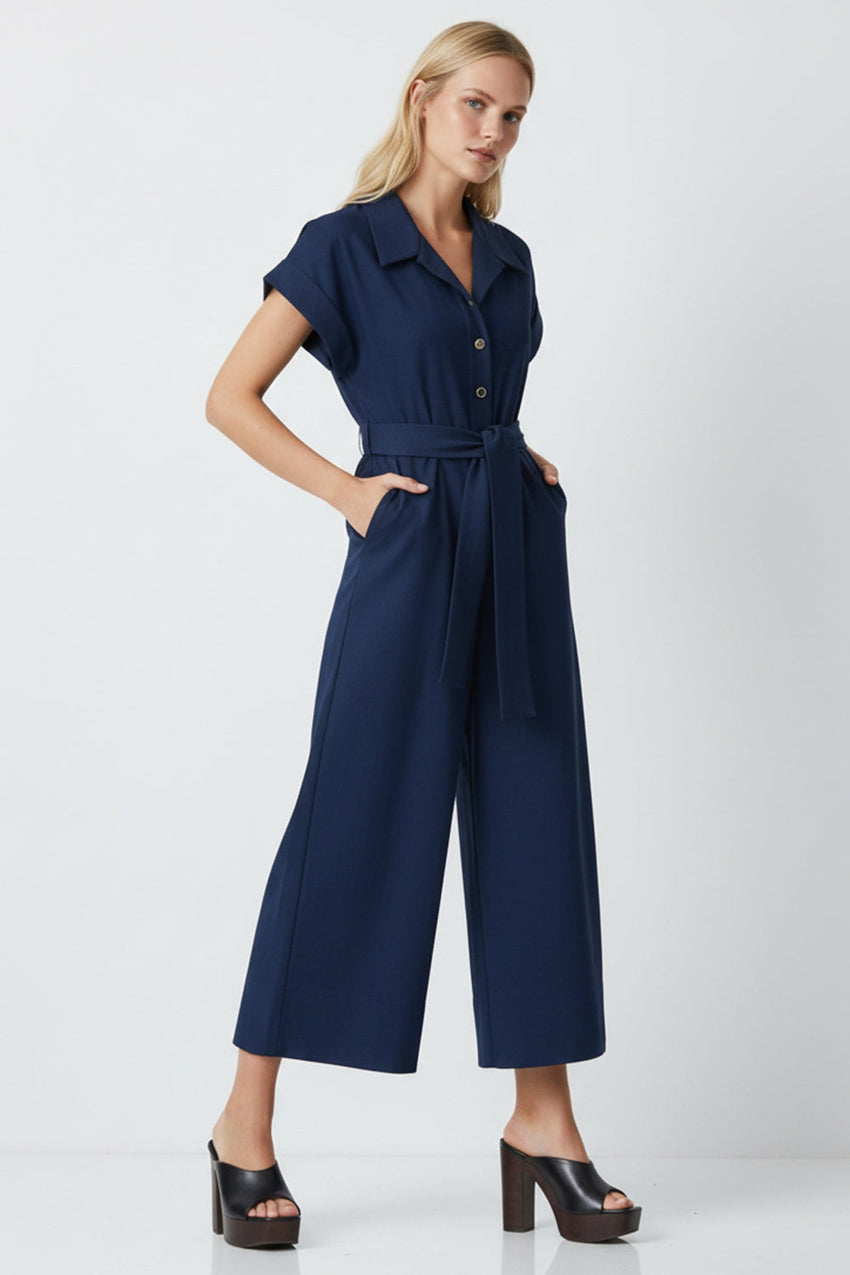 Shirt Collar Short Sleeve Pocket Belted Midi Jumpsuit - NAVY BLUE