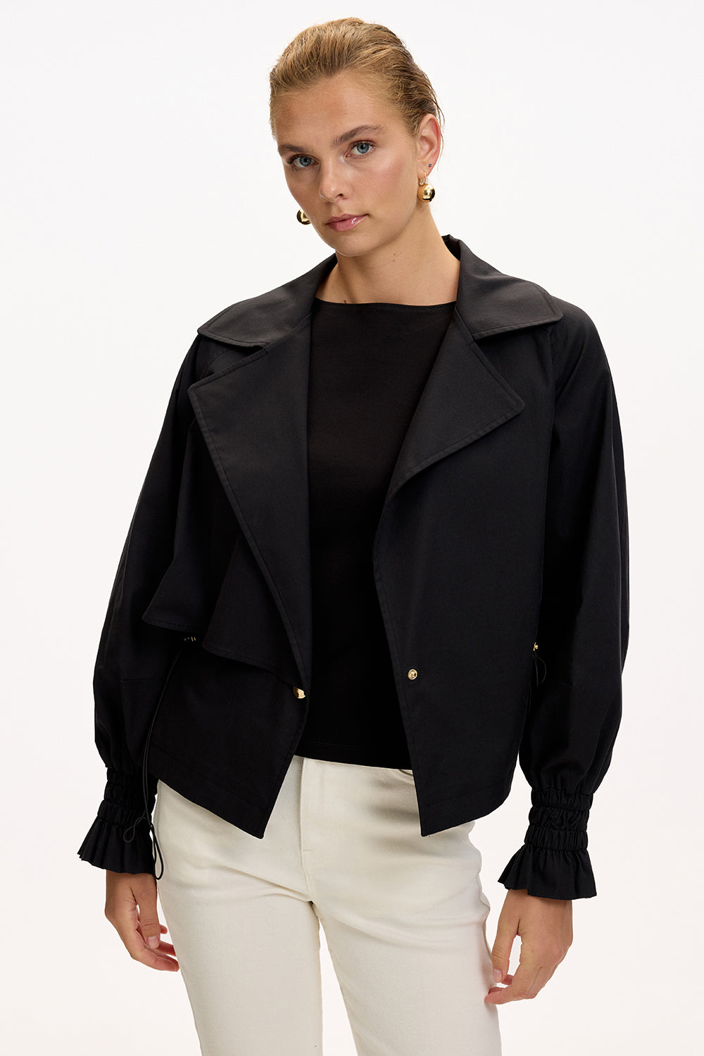 Black Regular Fit Cotton Jacket with Shirt Collar, Raglan Sleeves, and Lining
