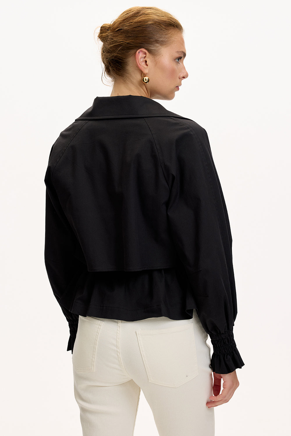 Black Regular Fit Cotton Jacket with Shirt Collar, Raglan Sleeves, and Lining